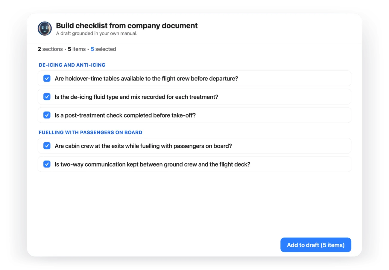 Build checklist from company document: five draft questions on de-icing and on fuelling with passengers on board, ready to add to the draft