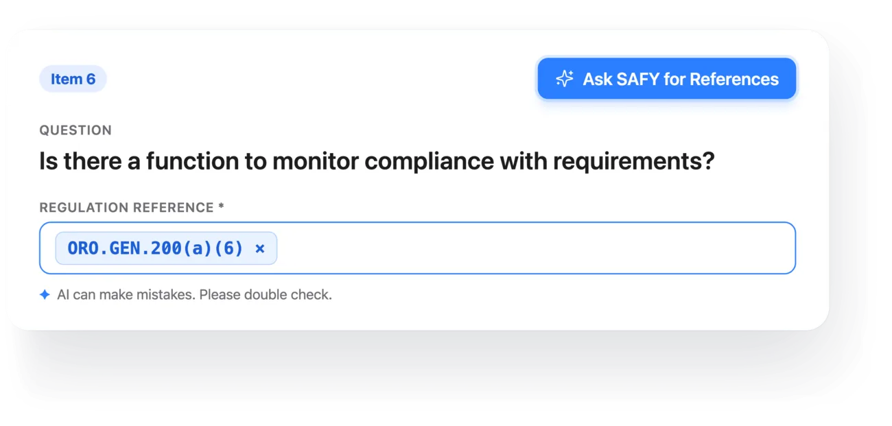 A checklist item with the Ask SAFY for References button and the reference ORO.GEN.200(a)(6) filled in