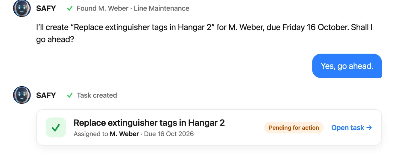 SAFY proposing a task for M. Weber due 16 October, the user replying Yes, go ahead, and SAFY confirming the task was created