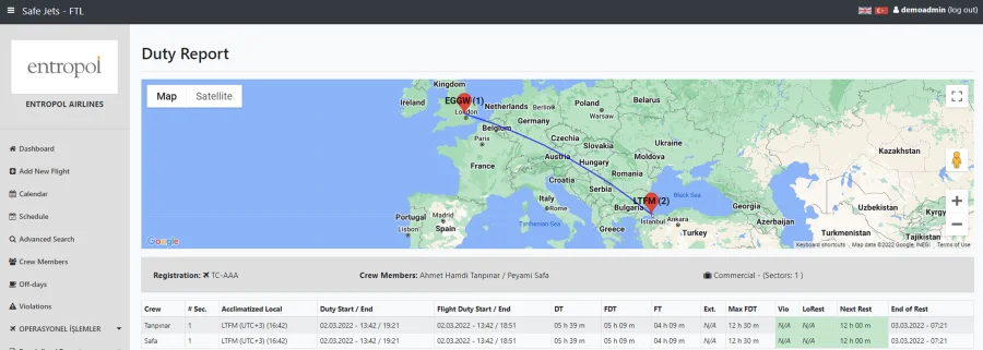 SAFEJETS FTL duty report showing the flight route on a map and each crew member's duty, flight duty and rest times