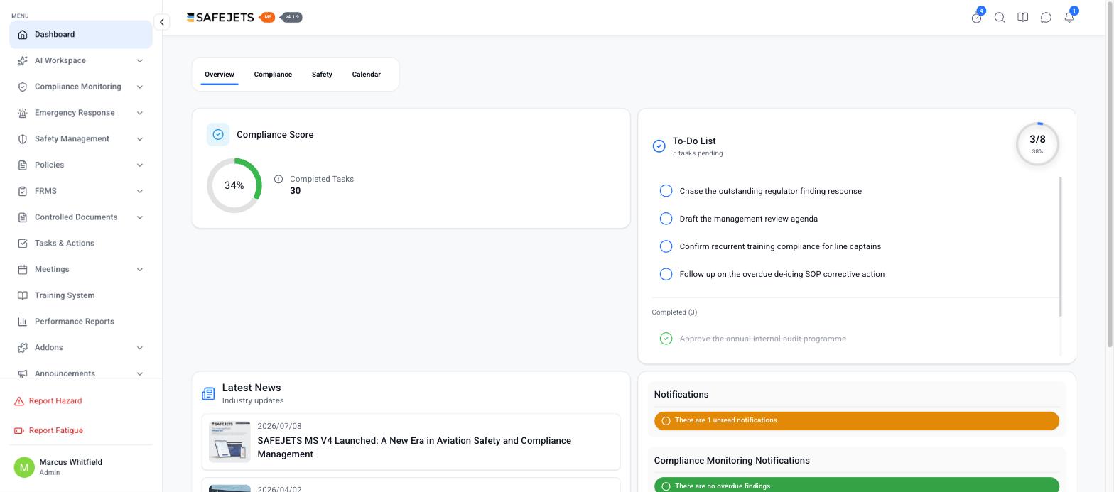 SAFEJETS MS dashboard showing compliance score, to-do list and safety notifications