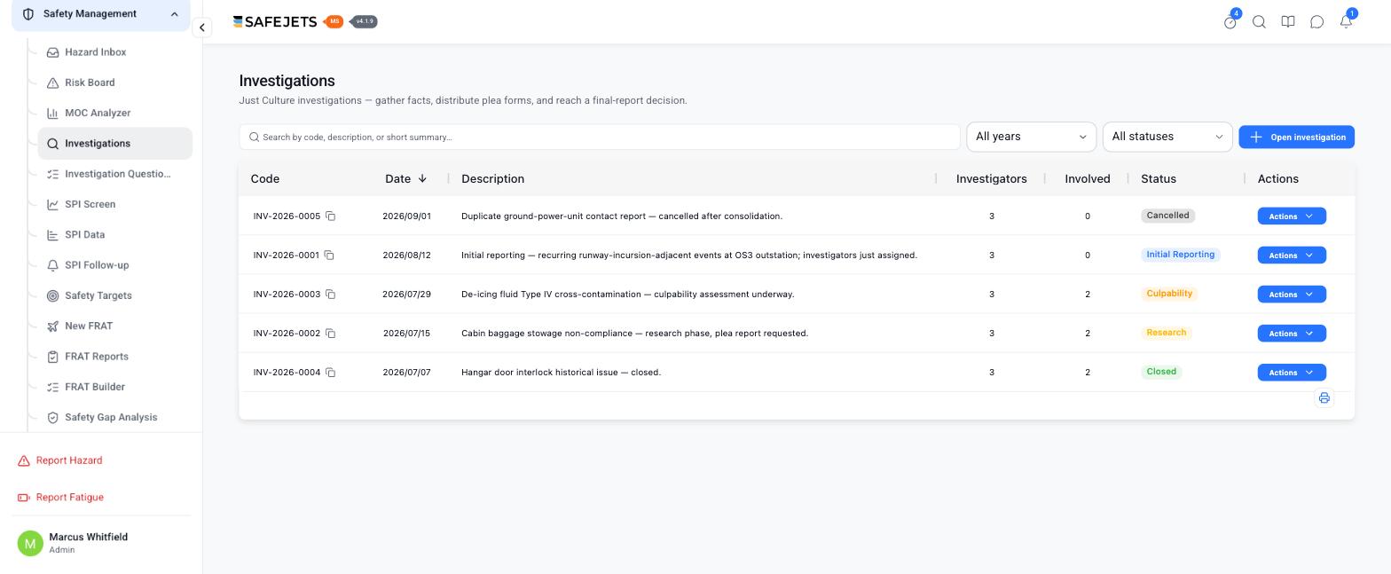 SAFEJETS MS — Just Culture investigations