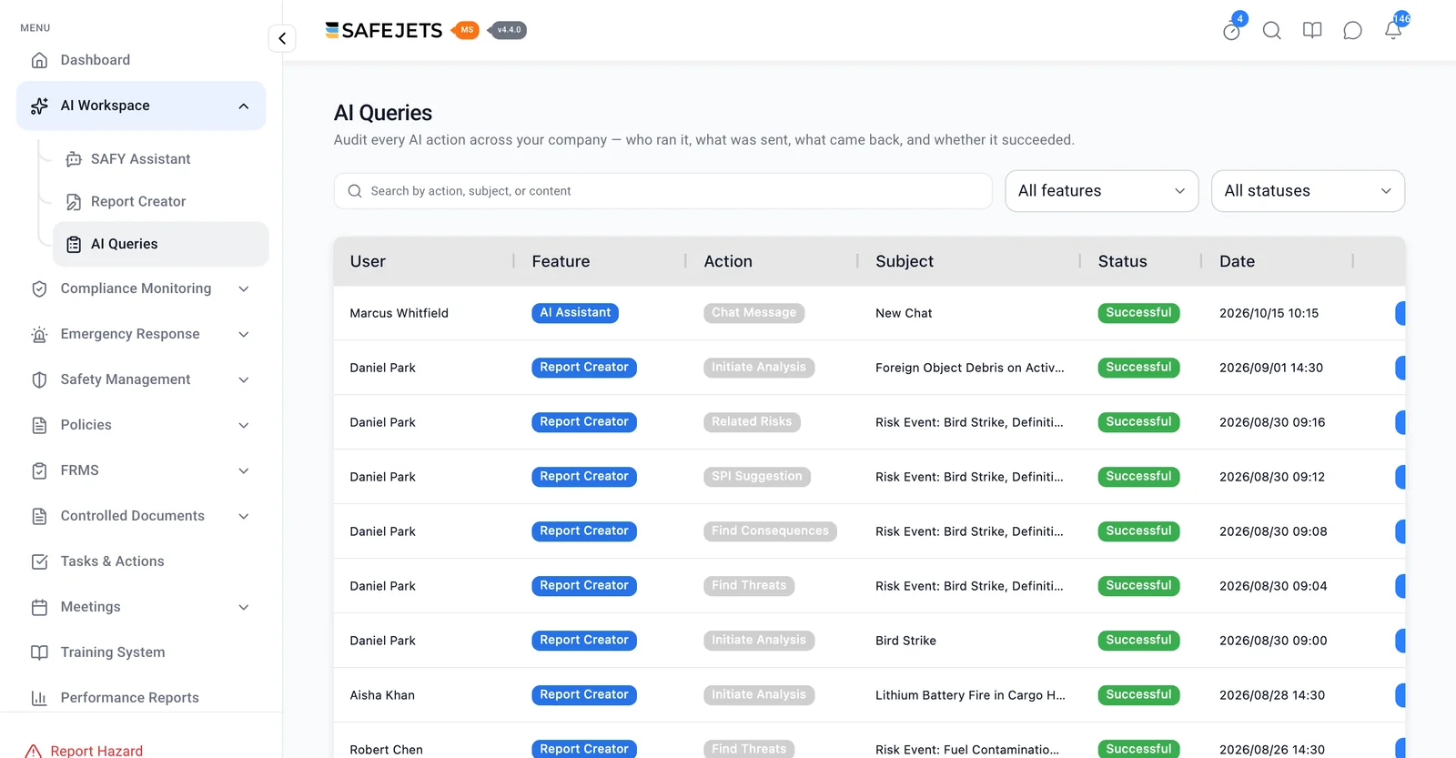 The AI Queries log listing each AI action with the user, feature, action, subject, status and date