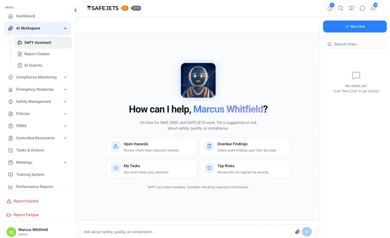 The SAFY Assistant in the SAFEJETS MS AI Workspace, with the suggestions Open Hazards, Overdue Findings, My Tasks and Top Risks