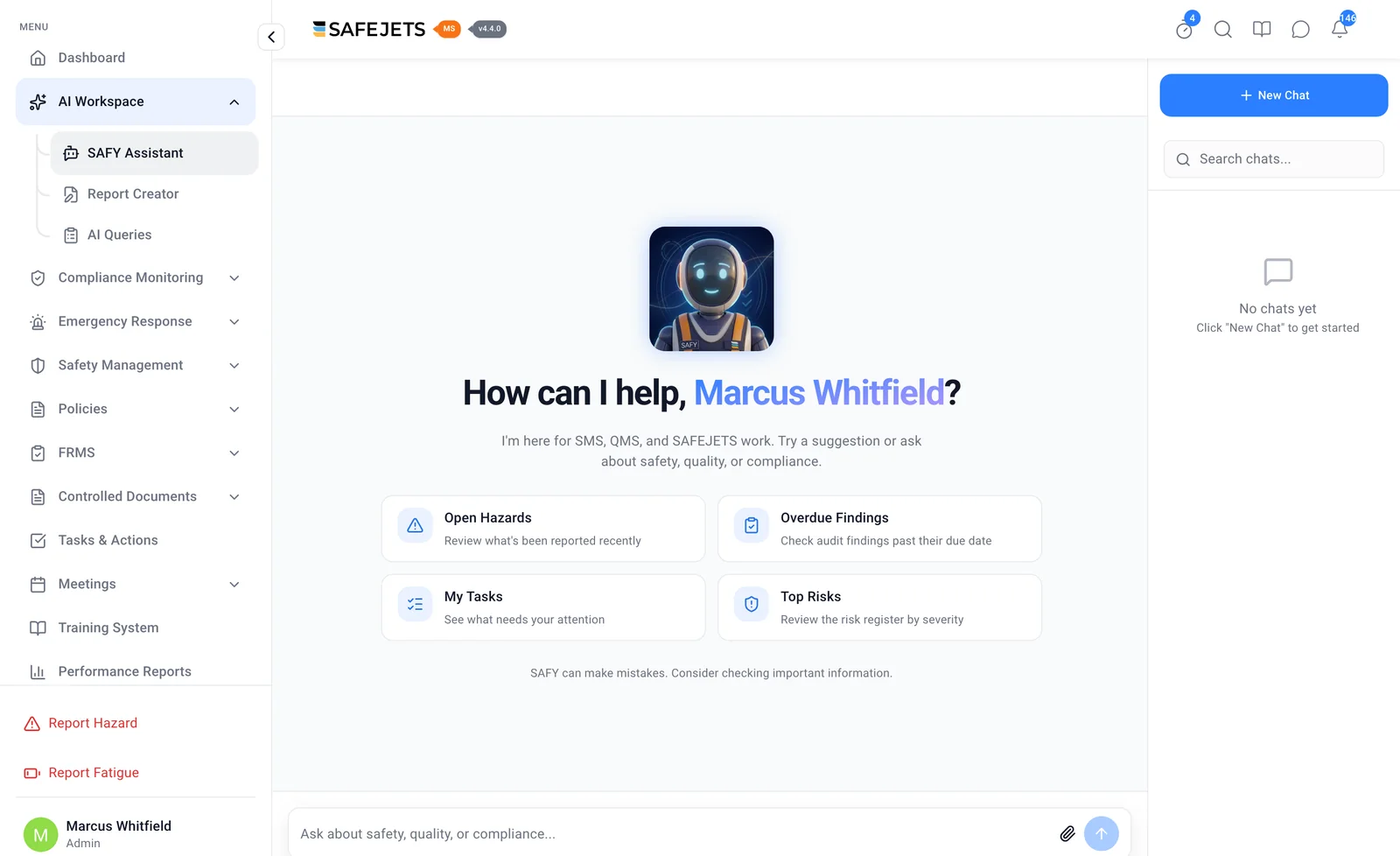 The SAFY Assistant in the SAFEJETS MS AI Workspace, with the suggestions Open Hazards, Overdue Findings, My Tasks and Top Risks