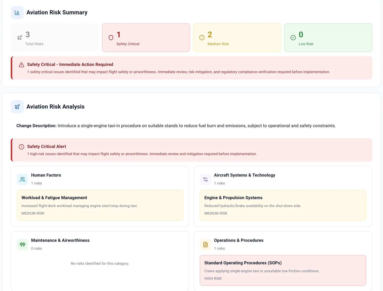 MOC Analyzer risk analysis for a single-engine taxi-in procedure, with one safety-critical and two medium risks sorted by category