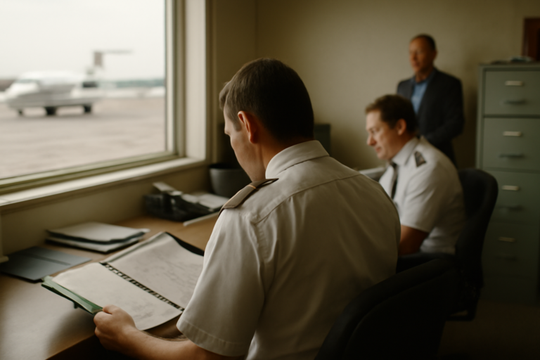 A pilot reviews an operations folder in a small business jet office while another crew member and a manager stand in the background.