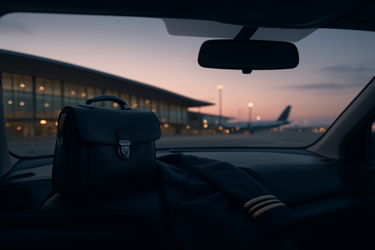 A flight bag and pilot jacket sit inside a parked car facing an airport terminal at dawn.