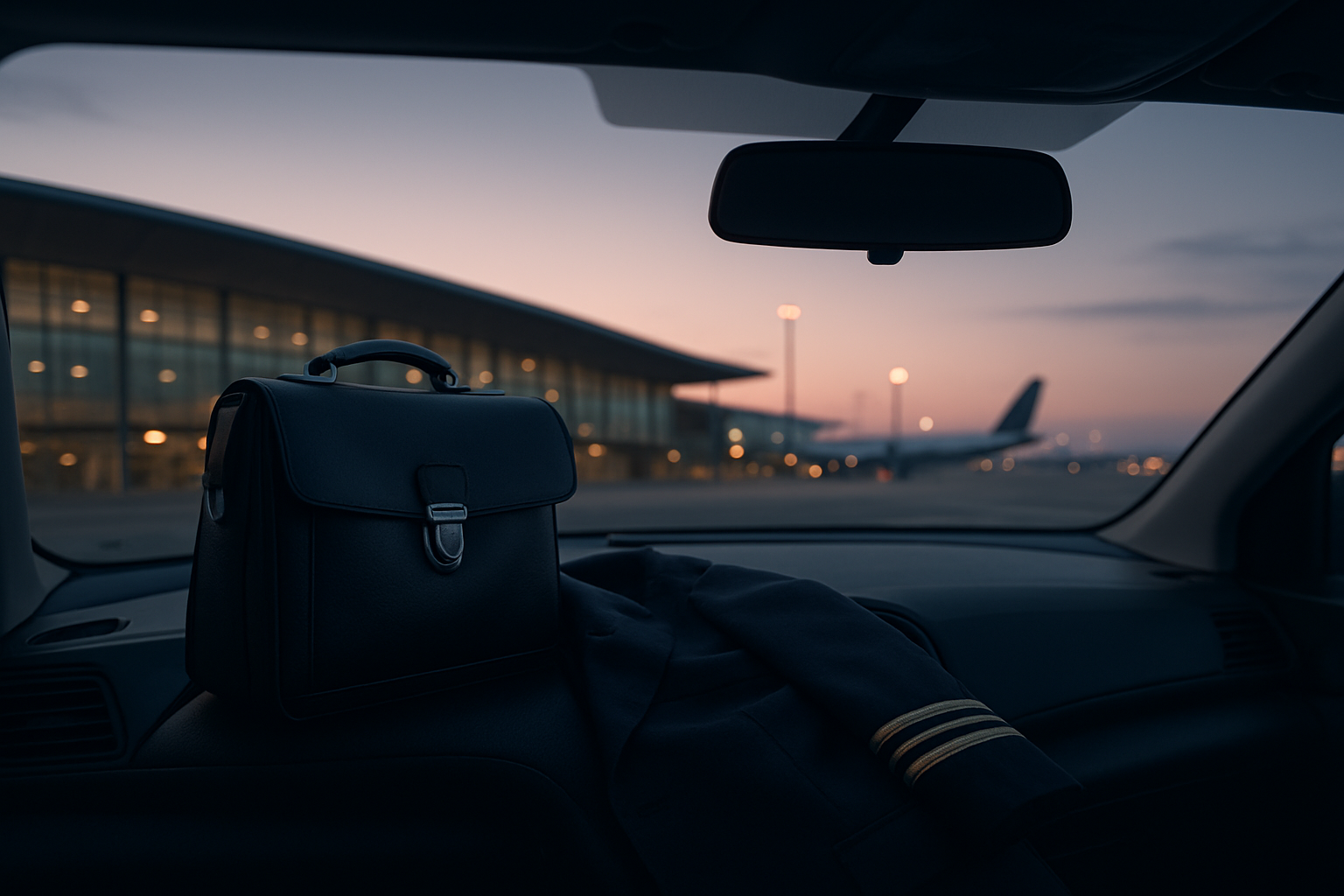 A flight bag and pilot jacket sit inside a parked car facing an airport terminal at dawn.