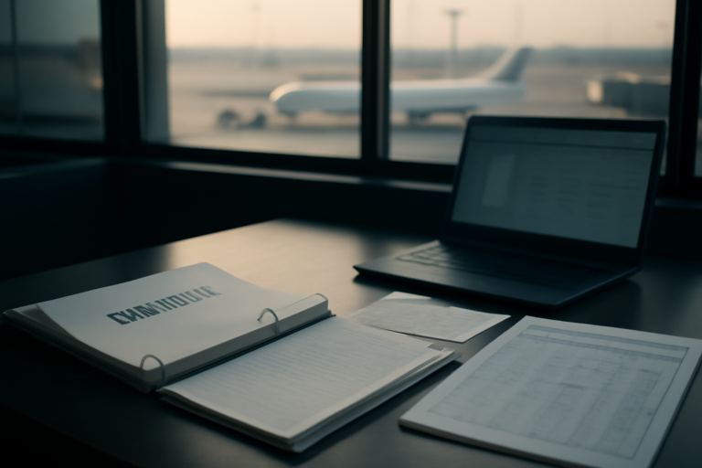 A compliance binder and operational records sit on a desk in an aviation control room overlooking an airport apron.