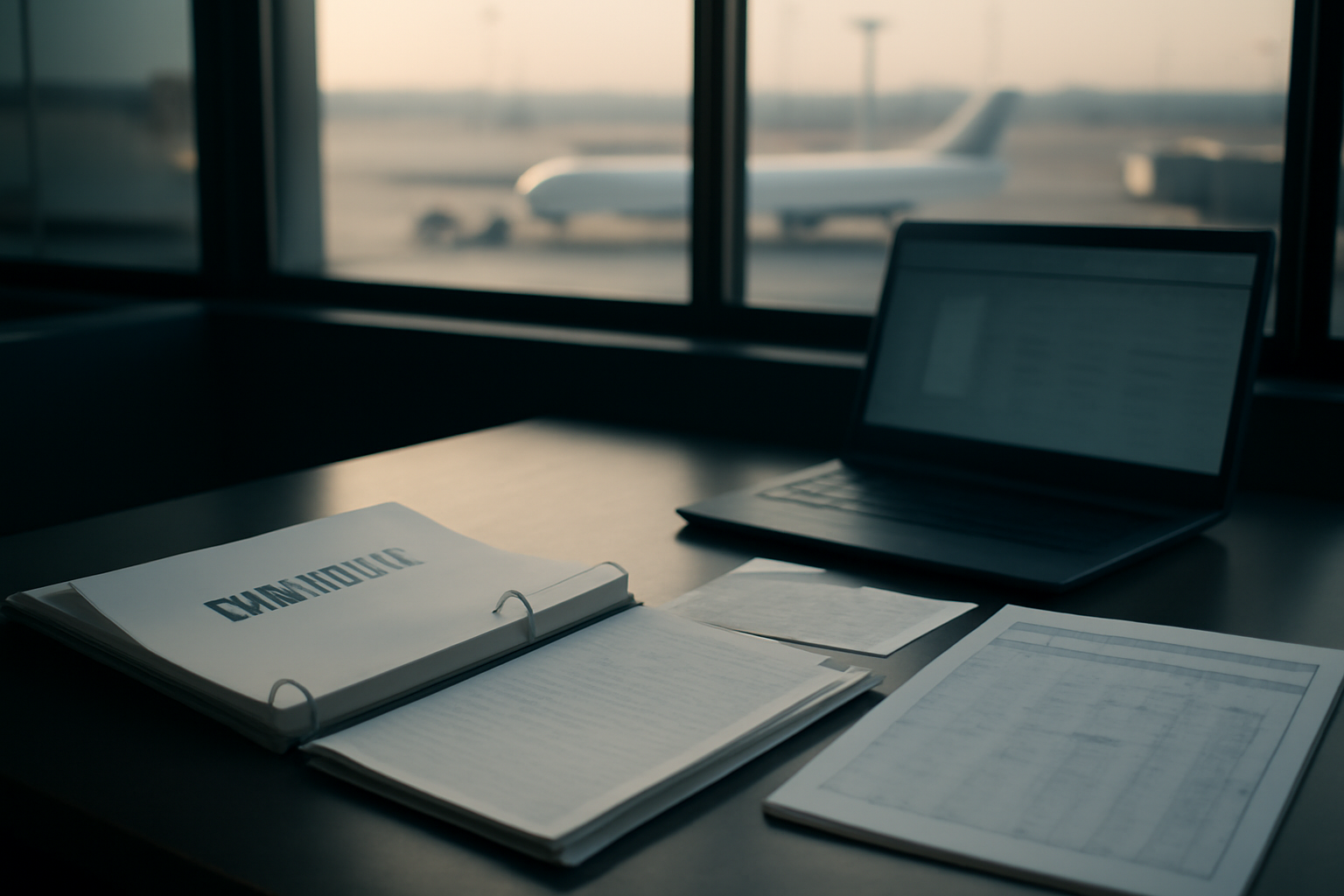A compliance binder and operational records sit on a desk in an aviation control room overlooking an airport apron.