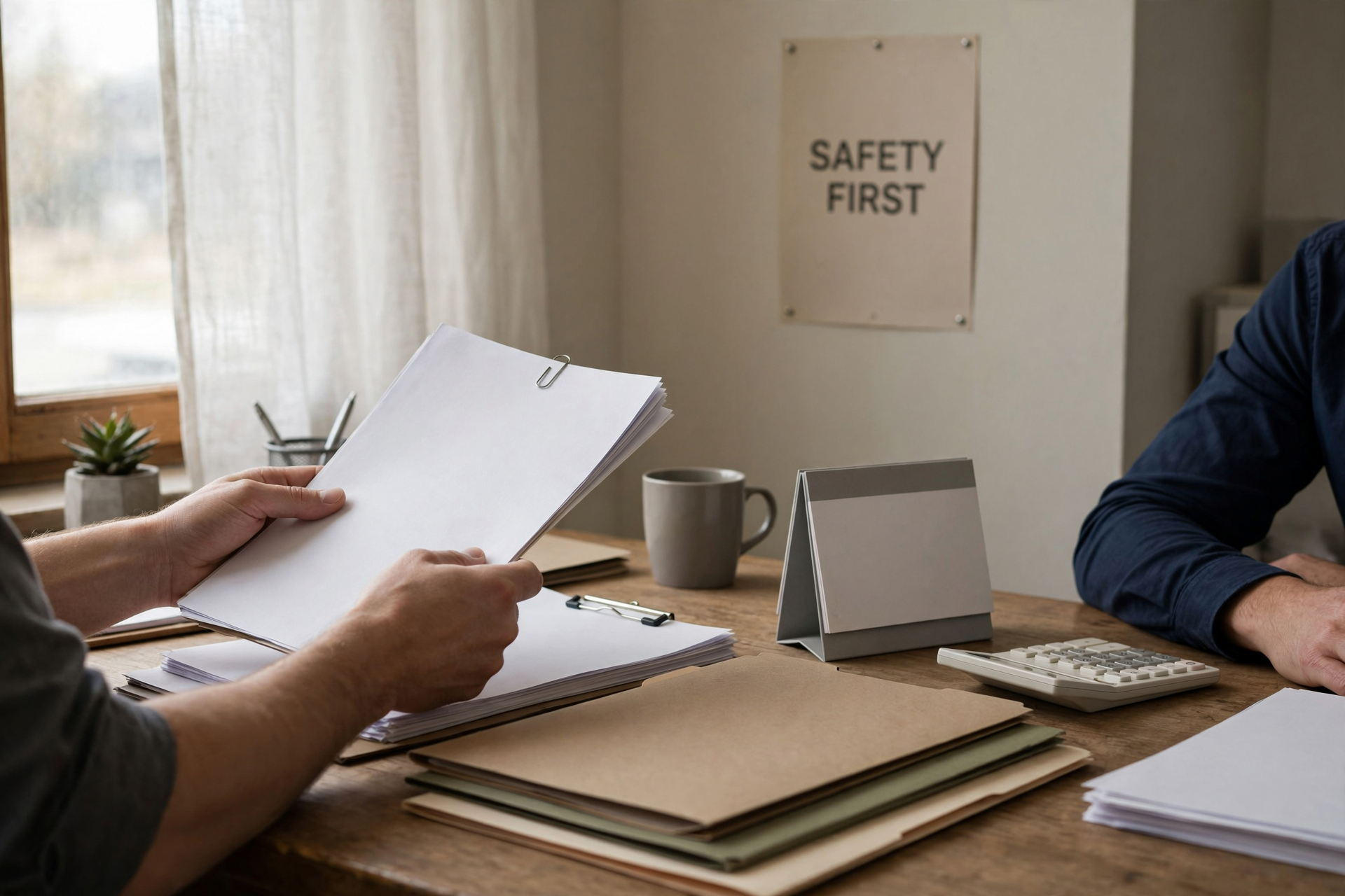 Two operations staff review blank paper records and folders at a desk in a business aviation safety office.