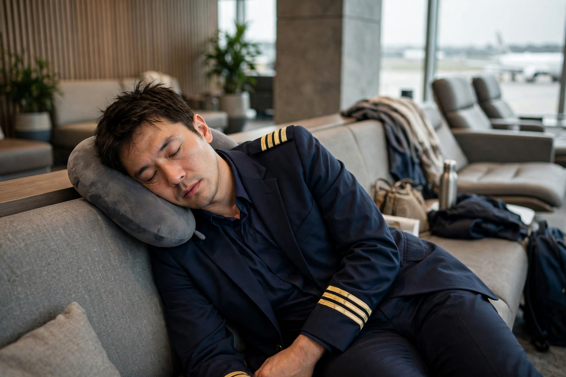 Tired pilot sleeps at lounge